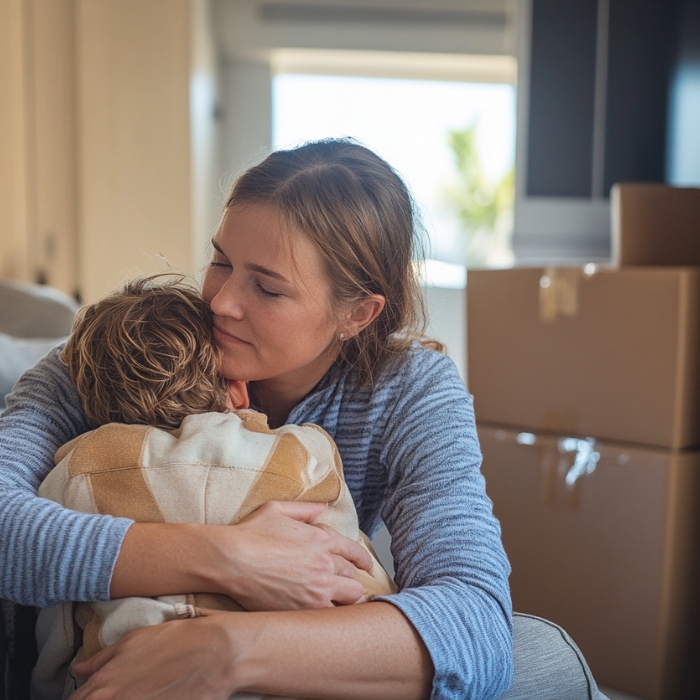 A mum in an Australian home comforts her son during a separation with the moving boxes behind her in their living room.