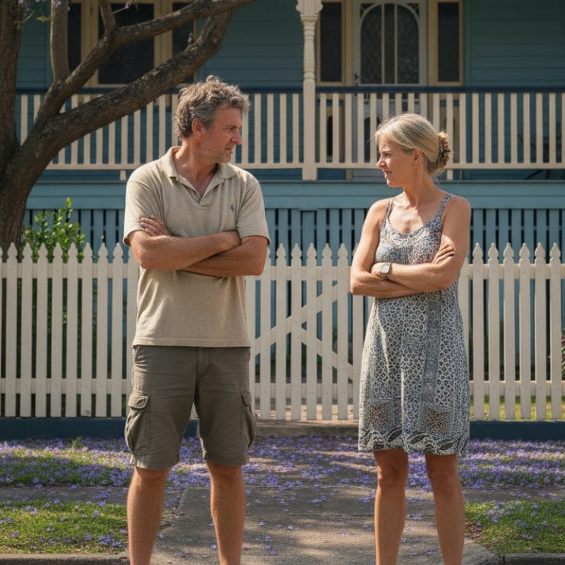 A brother and sister in their 50s standing outside a Queensland home with arms crossed in dispute