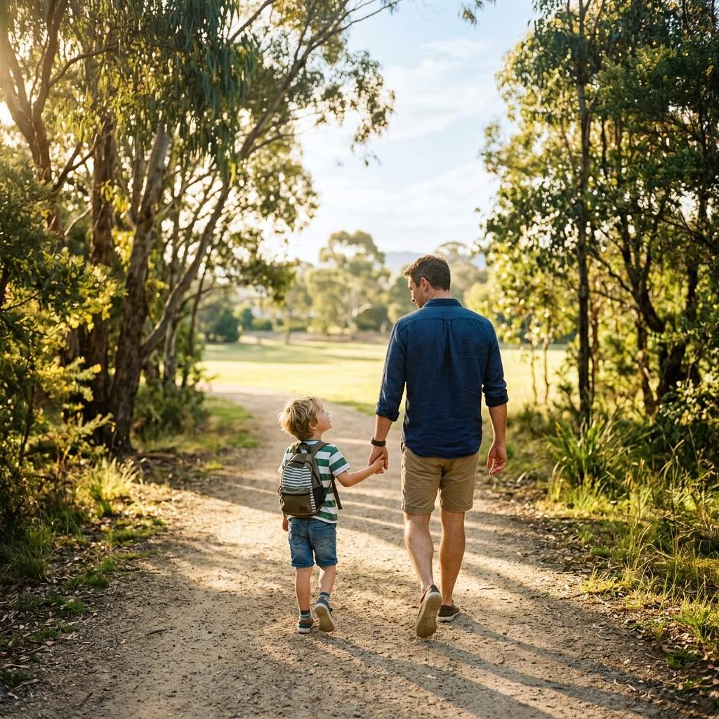 single father and son walking in the morning to school