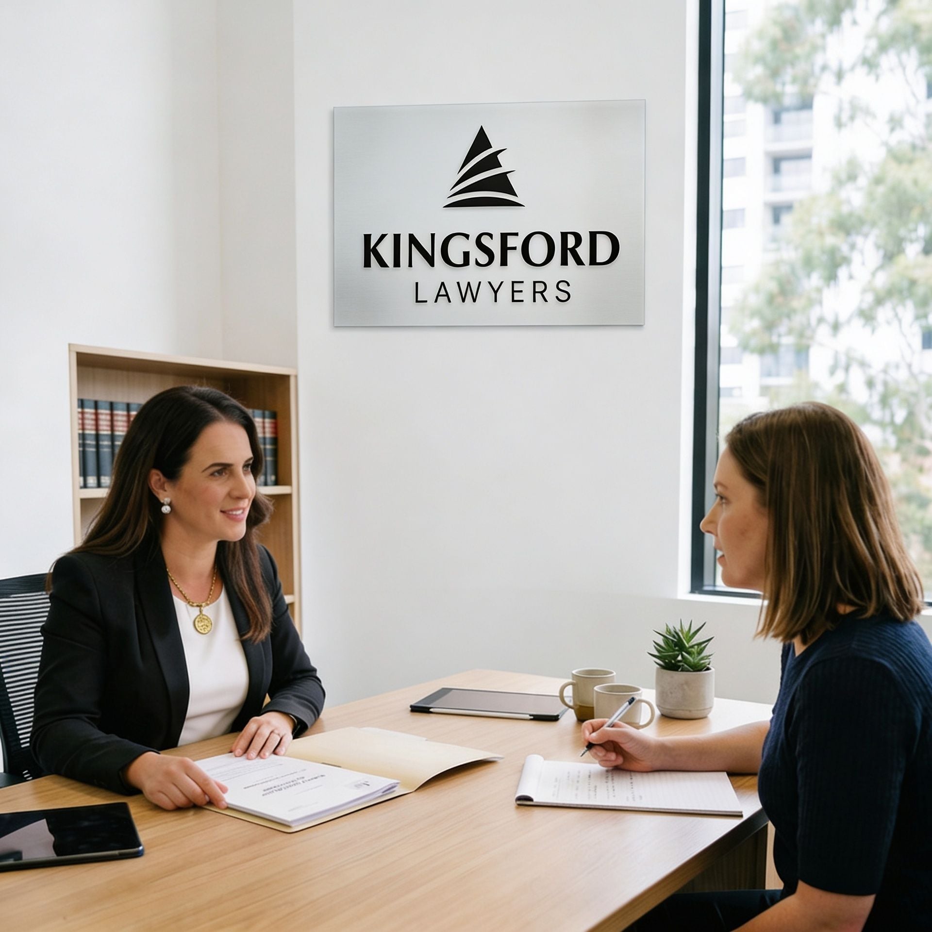 Family lawyer Stef with a client at Kingsford Lawyers office